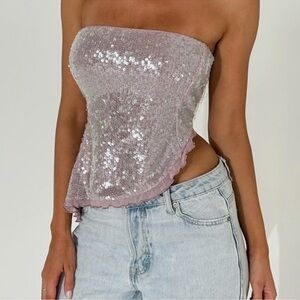 Tiger Mist Pink Sequin Asymmetrical Crop Top